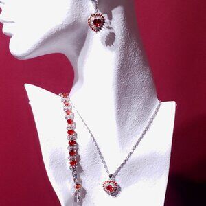 3 Piece 925 Red Crystal Necklace, Earrings & Bracelet